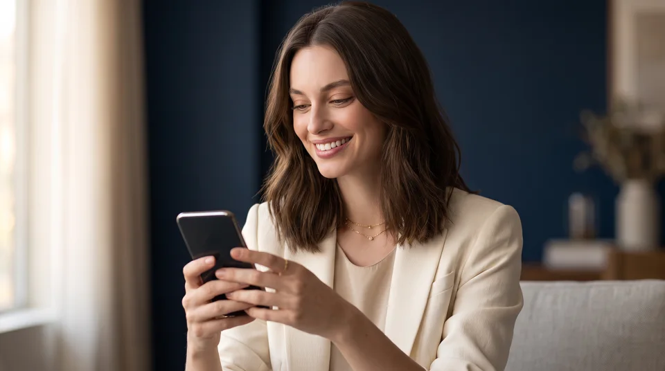 Mi sorrindo enquanto olha para o celular